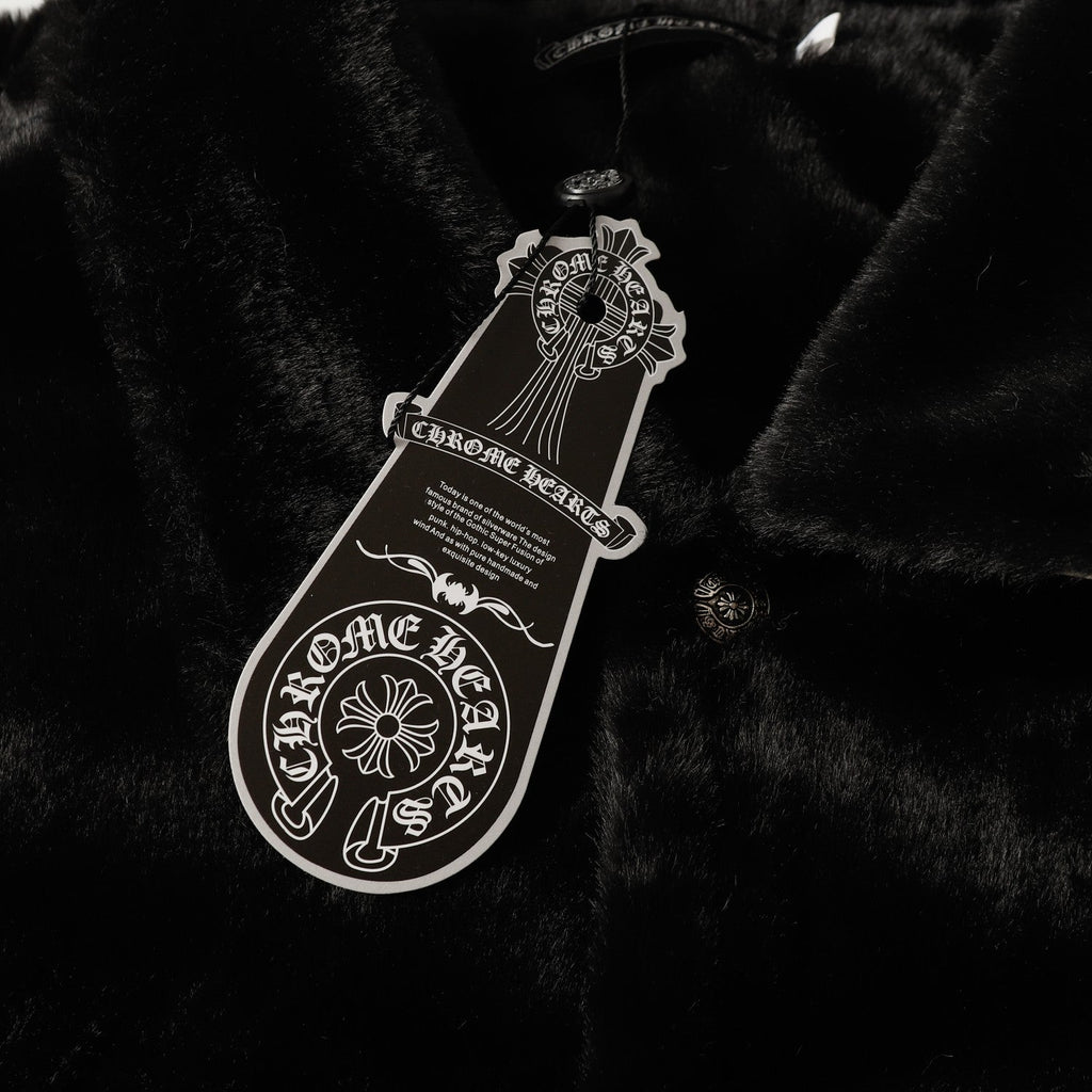 Chrome Hearts Faux Fur Cross Varsity Jacket - Black White Gothic Streetwear 035