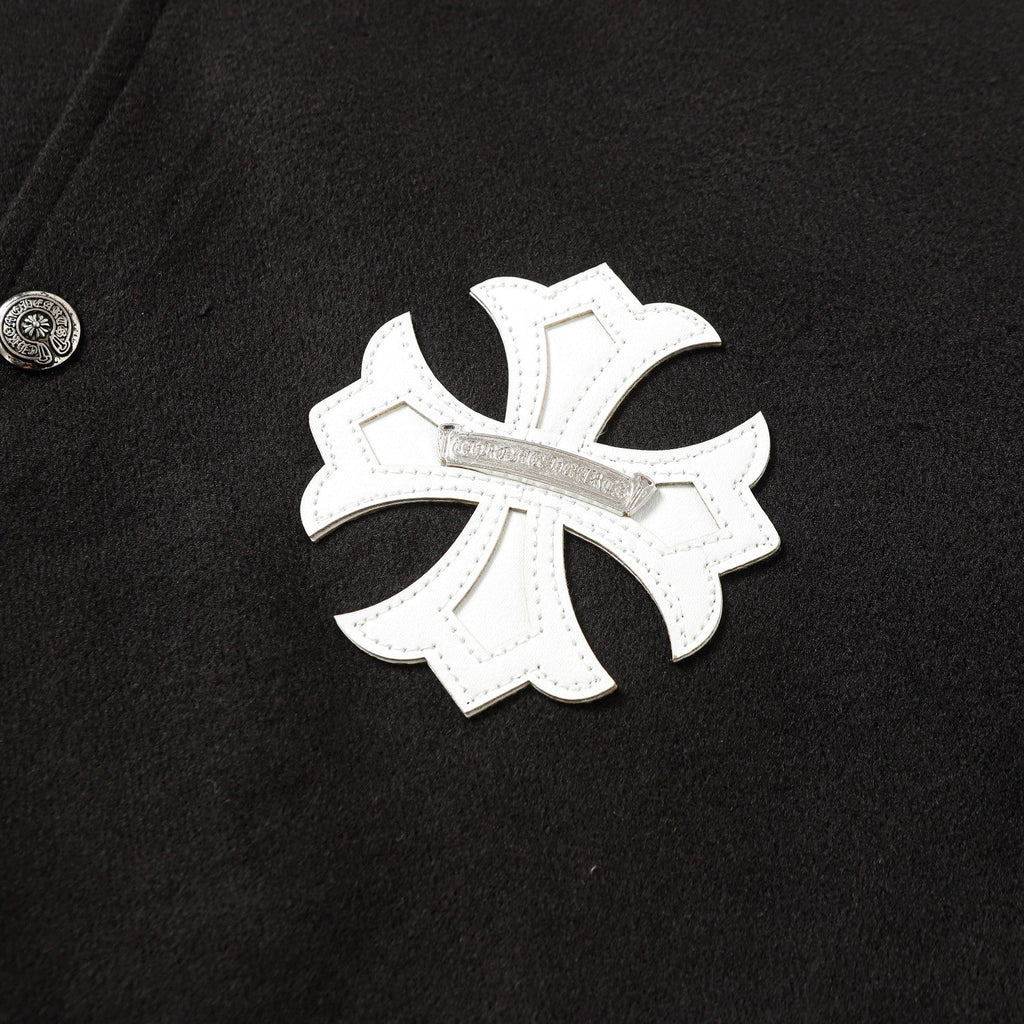 Chrome Hearts Cross Embroidered Leather Sleeve Varsity Jacket - Black Street Style 116